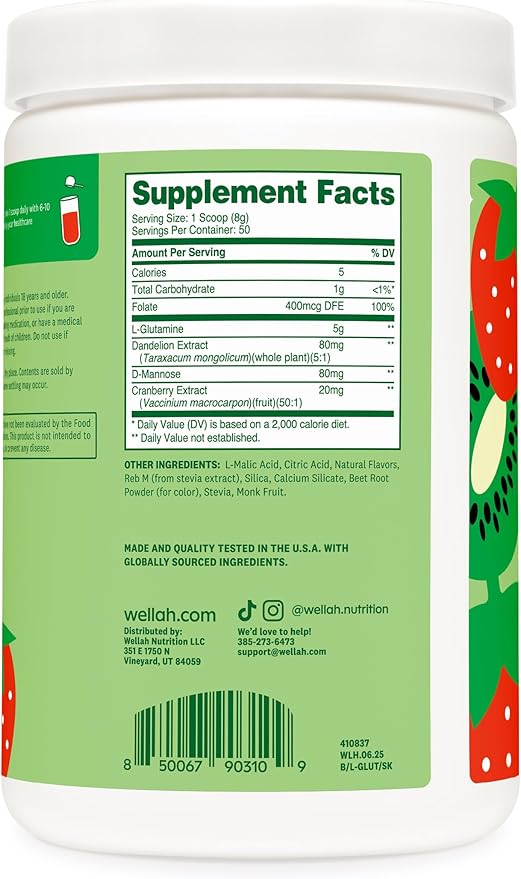 Wellah L-Glutamine Powder Strawberry Kiwi (50 Servings) - 5g L-Glutamine Per Serving, Sweetened with Stevia