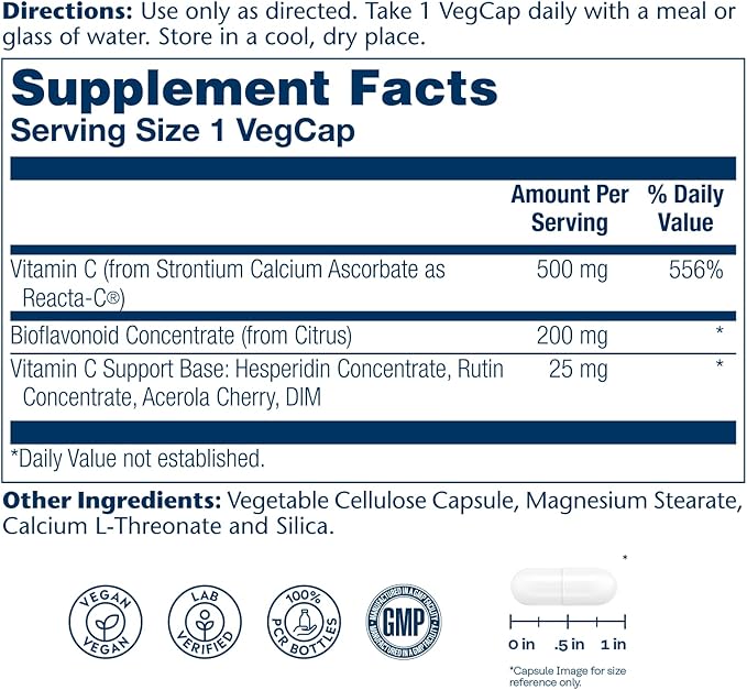 SOLARAY ReactaC Vitamin C 500mg - Patented 24-Hour Immune Support Supplement - Vitamin C with Bioflavonoids and Rutin - Antioxidant and Immune Defense - Vegan, 60-Day Guarantee - 180 Servings