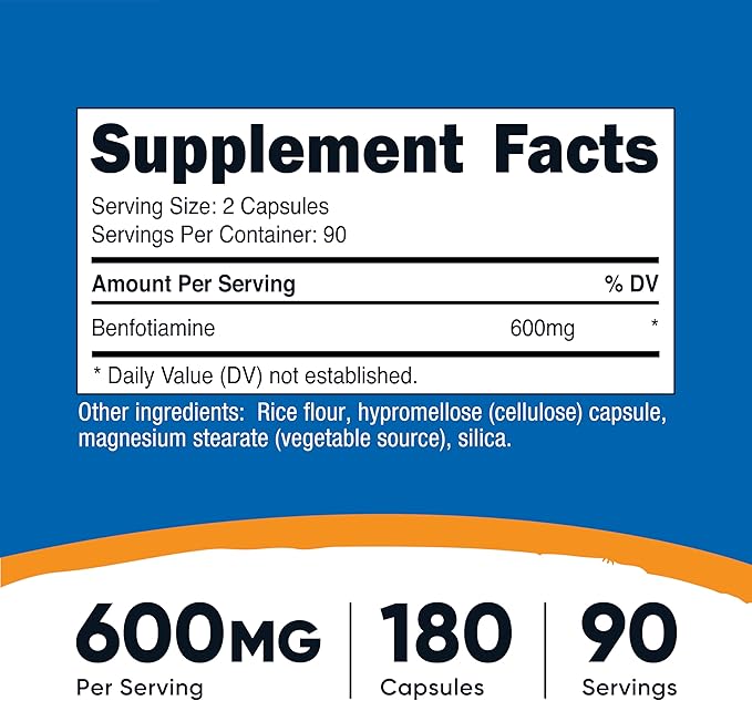 Nutricost Benfotiamine (600 mg) 180 Capsules - Fat Soluble Vitamin B1, Gluten Free, Non-GMO, Vegan, 90 Servings