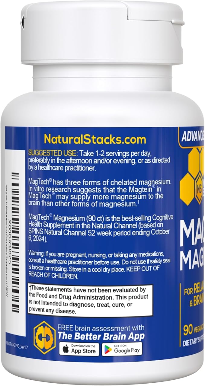 MagTech Magnesium Complex for Women & Men - 3 Forms of Magnesium: Glycinate, Magtein L-Threonate & Taurate - 200mg Chelated Complex - Support for Relaxation & Brain Health - 90 Glycinate Capsules