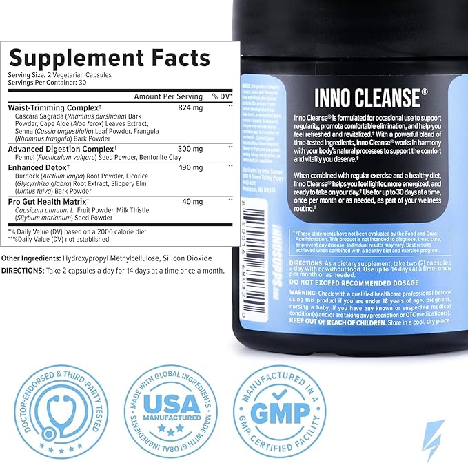 InnoSupps Inno Cleanse 14 Day Colon & Detox Flush, Waist Trimming Complex, Gut Cleanse, Digestive System Support, Stool Softener & Reduced Bloating & Occasional Constipation Relief