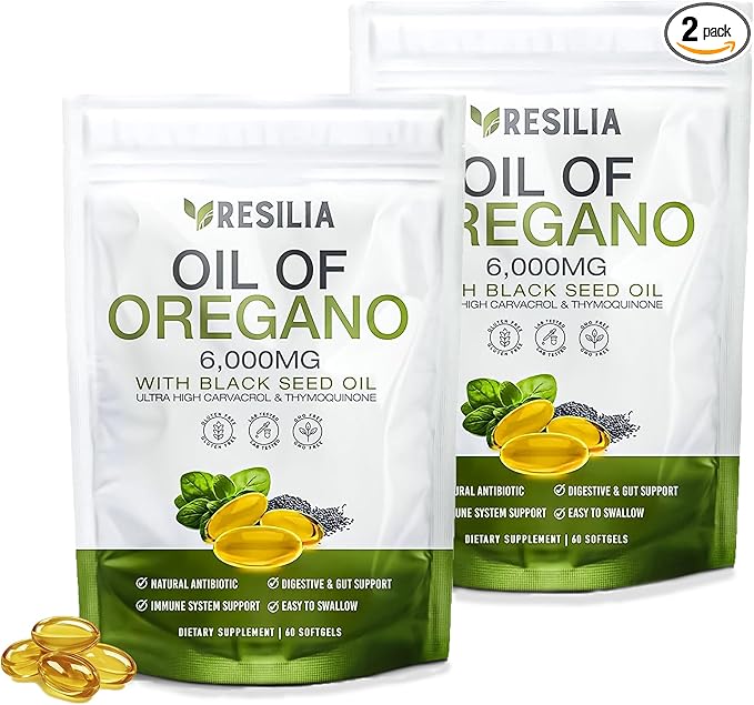 Softgels with Black Seed Oil 6000mg – Organic Oregano Oil Capsules for Immune & Digestive Support – Non-GMO, Gluten-Free Softgels - 120 Count (Pack of 2)