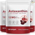3Pack Premium Astaxanthin 12mg, Natural Antioxidant Supplement for Eye, Joint, Skin Health,Microalgae Source, 4 Month Supply | Supports Internal Circulation, 360 Softgels
