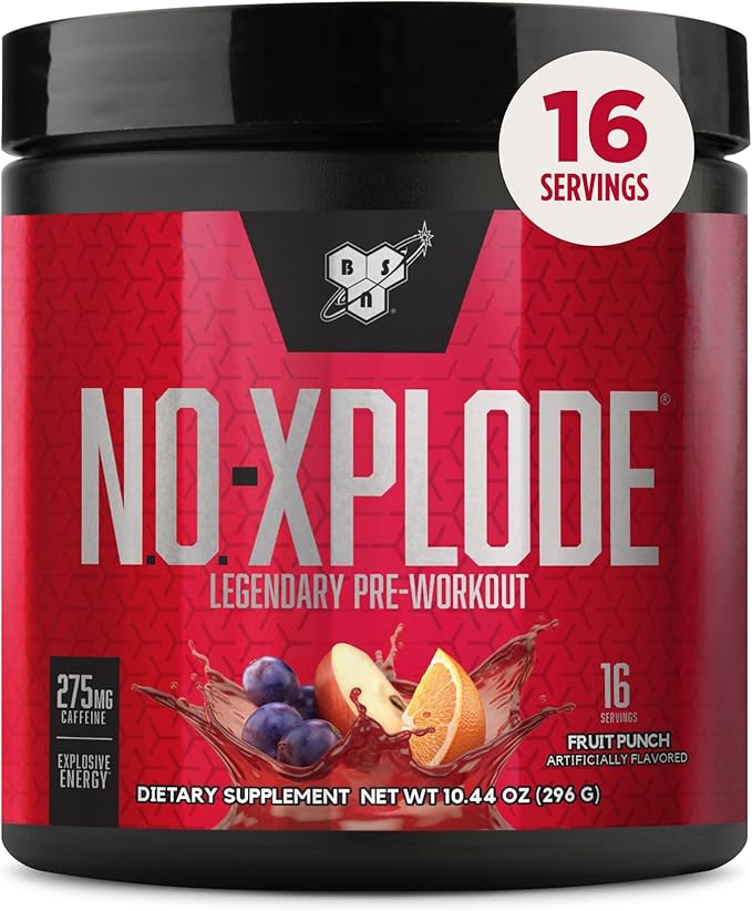 BSN N.O.-XPLODE Pre Workout Powder, Energy Supplement for Men and Women with Creatine and Beta-Alanine, Fruit Punch, 16 Servings, 0.65 Pound