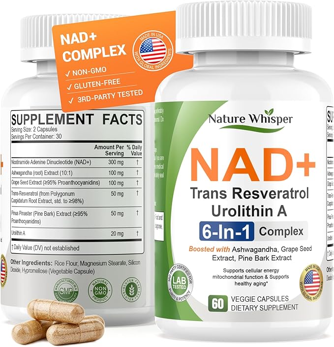 Nature Whisper® NAD+ Supplement 620mg | 6-in-1 Complex with Resveratrol, Ashwagandha & Urolithin A - Daily Energy Stack for Focus, Brain Fog & Healthy Aging - 60 Capsules