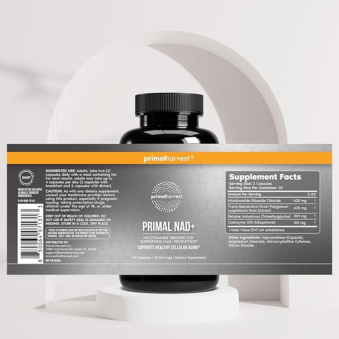 Primal Harvest NAD+ Supplement: Nicotinamide Riboside, Trans-Resveratrol, Betaine, CoQ10, NAD Supplements for Cellular Health, Energy, and Mitochondrial Support