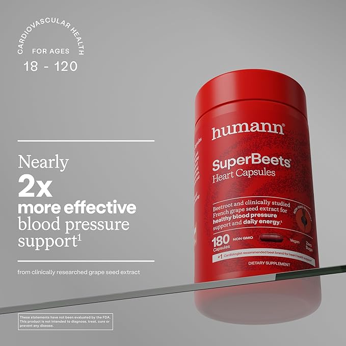 Humann SuperBeets Beet Root Capsules Quick Release 1000mg, Helps Support Nitric Oxide Production, Blood Pressure Support, Heart Health, Contains Non-GMO Beetroot Powder, Studied Antioxidants 180 Count