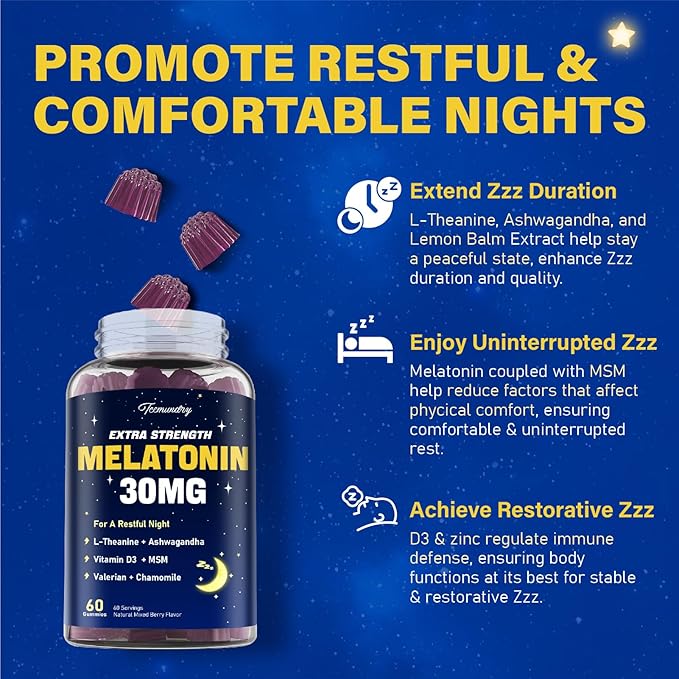 Melatonin Gummies 30mg for Adults: Maximum Strength Melatonin Supplement with L-Theanine, Ashwagandha, MSM, Vitamin D3 & Zinc - Non-Habit Forming, Natural Mixed Berry Flavor 60 Count (Pack of 1)