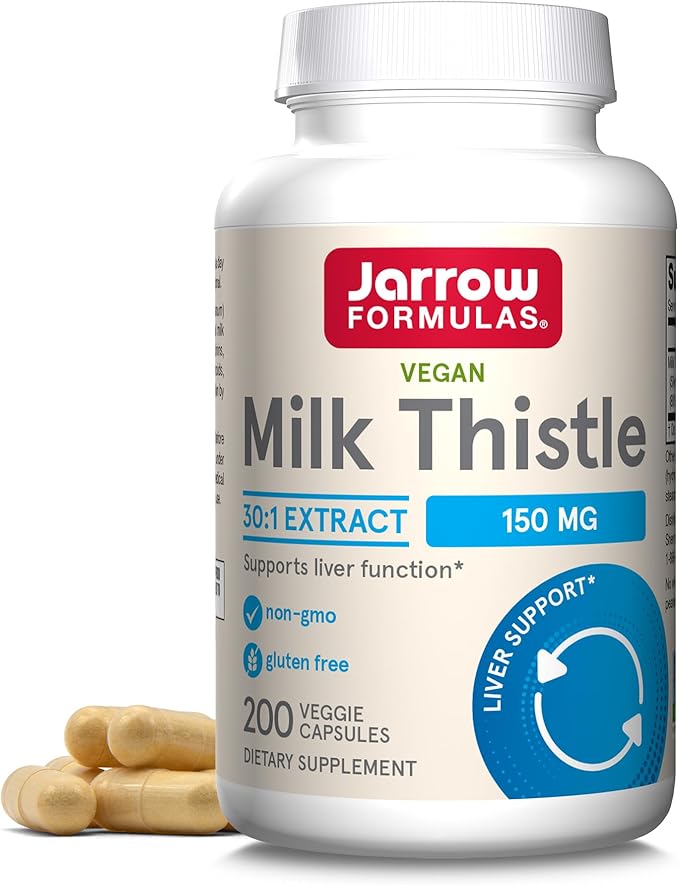 Jarrow Formulas Milk Thistle Supplement 150 mg. 30:1 Milk Thistle Extract Standardized to 80% Total Flavonoids, Dietary Supplement for Liver Function Support, 200 Veggie Capsules, Up to 200 Day Supply