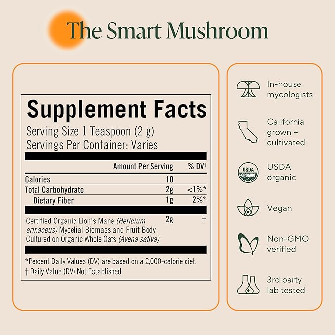 Om Lion’s Mane Mushroom Powder - Organic Mushroom Supplement and Nootropic - Support Memory, Focus and Nerve Health, 7.05 oz (100 Servings)