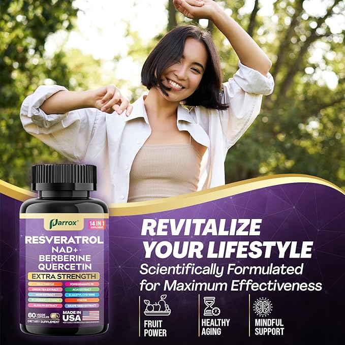 Resveratrol Supplement with Milk Thistle, NAD, Berberine, Quercetin, Fisetin, Pomegranate, Green Tea, Noni, Acai, Blueberry, Grape Seed Extracts, N-Acetyl Cysteine, 14-in-1 Extra Strength (180 Caps)