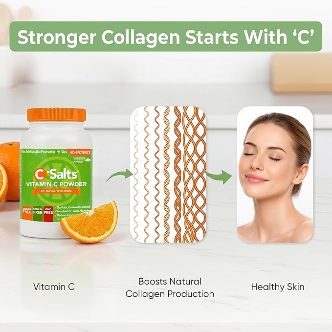 C-Salts Vitamin C Powder - 100% Pure Buffered Ascorbic Acid Powder for Daily Immune Support & Collagen Production - Stomach-Friendly Organic Vegan Non-GMO Sugar-Free - 84 Servings - Original, 8oz