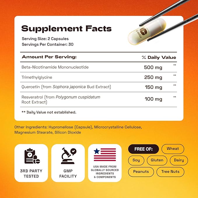 NMN Supplement – 4-in-1 NAD Supplement with Quercetin | TMG | Resveratrol – NMNH Alternative – Supports Cellular Energy & NAD+ Level – 60 Capsules – Third-Party Tested (1 Pack)