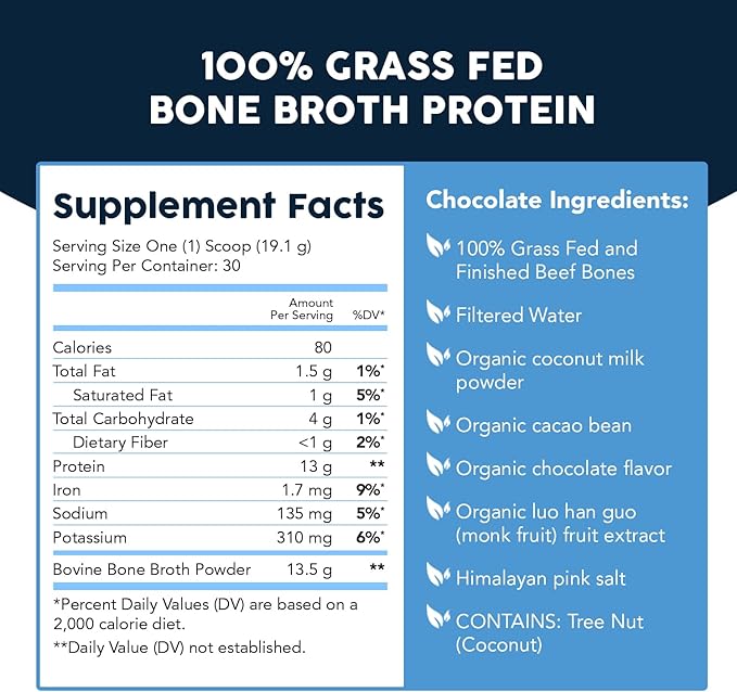 Paleovalley 100% Grass Fed Beef Bone Broth Protein Powder - Rich in Collagen Peptides for Hair, Skin, Gut Health, Bone and Joint Support - 13g Protein Per Serving - No Gluten or GMOs - Chocolate