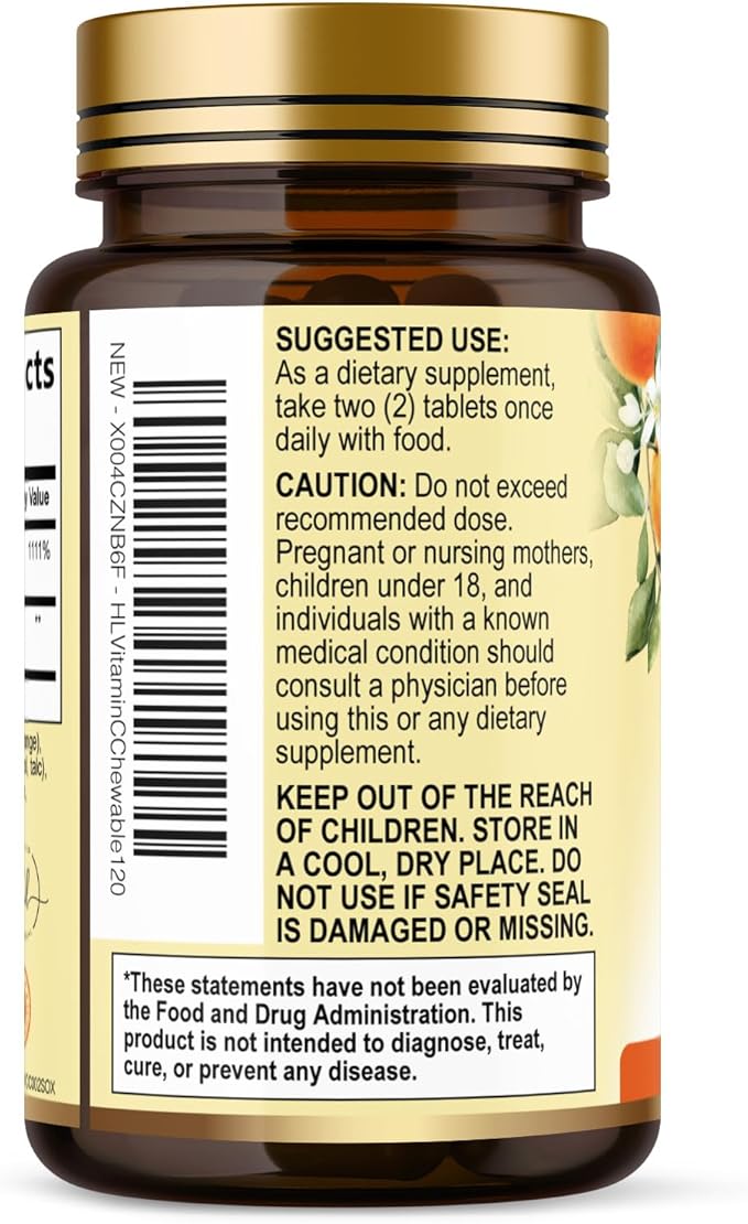 Vitamin C 1000mg Per Serving - Extra Strength with Rose Hips Bioflavonoids - Sugar Free Vitamin C Chewable Pills, Vit C Supplement for Immune Support & Antioxidant, USA Bottled - 120 Chewable Tablets