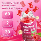 Vitamin B2 Gummies Riboflavin 400mg Supplement with Magnesium for Kids & Adults B2 Gummies for Nervous System Support & Skin Health, Sugar-Free, Raspberry Flavor, 60 Count