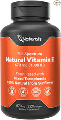 Naturalis Sunflower Vitamin E 670mg (1000 IU) with Mixed Tocopherols | Essential Skin Vitamin & Immune Support | Non-GMO, Soy & Gluten Free | 120 Softgels