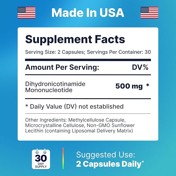 Liposomal NMNH (Dihydronicotinamide Mononucleotide) 500mg - NR Supplement Alternative - Anti Aging NAD Supplement to Boost NAD Plus Levels, Energy, Focus - High Purity 60 capsules (2 packs)
