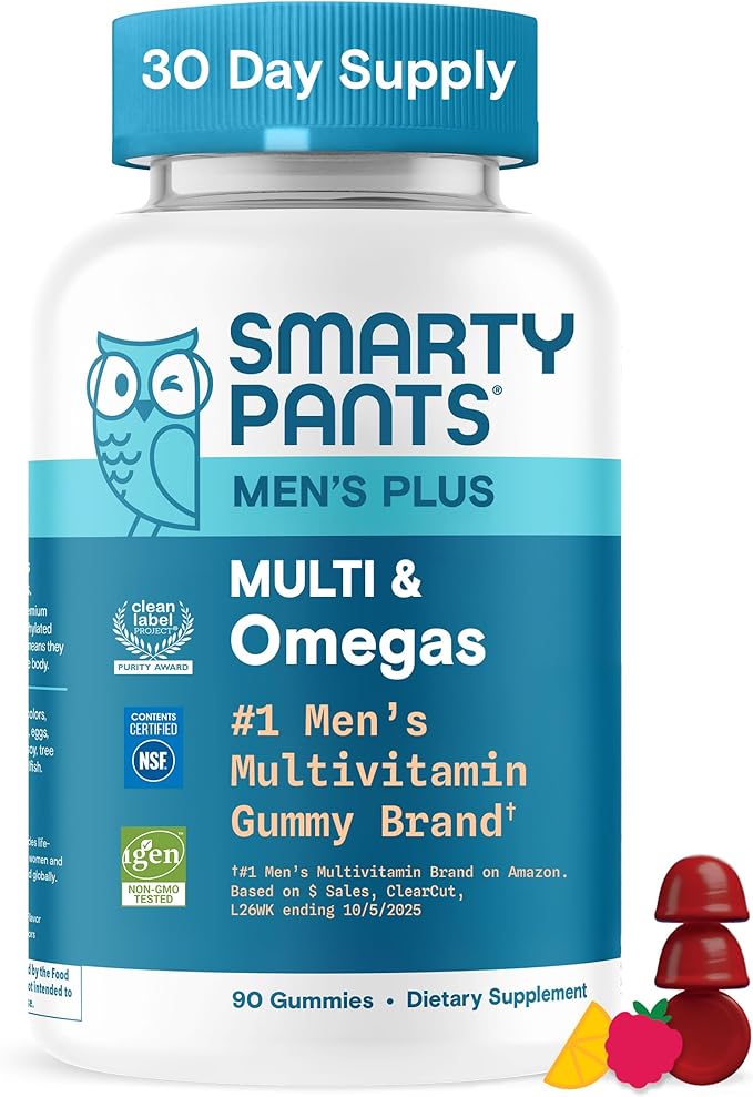 SmartyPants Men’s Multivitamin Gummies with Omega 3 DHA/EPA, Methylfolate, Vitamin D3, C, B12, B6, A, K, Zinc, Raspberry Lemonade Flavor, 90 Count (30 Day Supply)