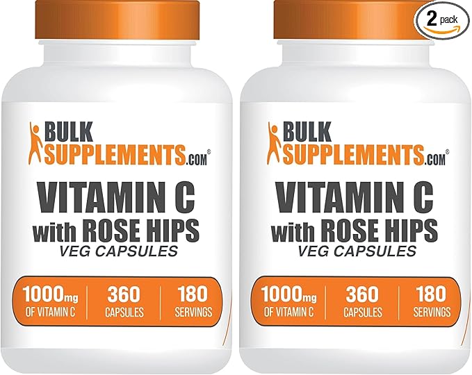 BulkSupplements.com Vitamin C with Rose HIPS Capsules - Vitamin C 1000mg & Rose HIPS 15mg, for Immune Support - Vegan, 2 Capsules per Serving, 360 Count (Pack of 2)