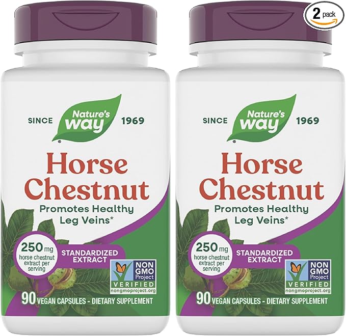 Nature's Way Horse Chestnut Extract, Premium Extract, Promotes Healthy Leg Veins*, 250 mg per Serving, Vegan, 90 Capsules (Packaging May Vary) (Pack of 2)