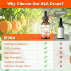 Alpha Lipoic Acid Liquid Drops 1000mg, ALA Supplement for Nerve and Antioxidant Support with Biotin, Natural Orange Flavor, 2FL OZ