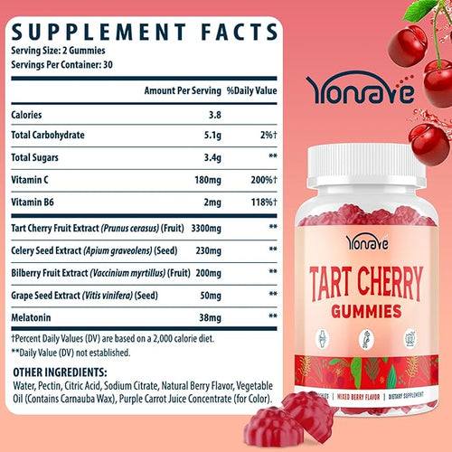 3300mg Tart Cherry Gummies for Uric Acid Cleanse, Sleep, Gout, Joint & Kidney Support – Tart Cherry Extract with Celery Seed, Melatonin, Vitamin C – Detox & Antioxidant – Mixed Berry Flavor, 60 Count