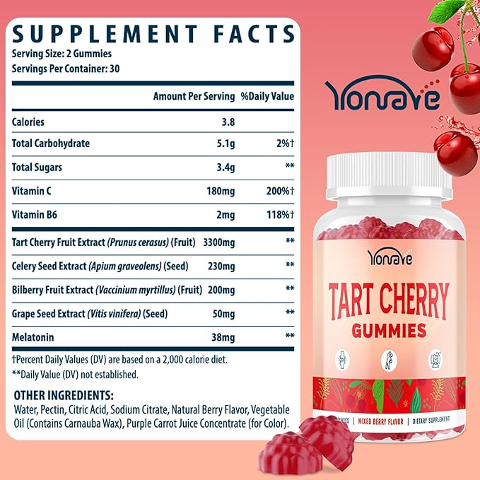3300mg Tart Cherry Gummies for Uric Acid Cleanse, Sleep, Gout, Joint & Kidney Support – Tart Cherry Extract with Celery Seed, Melatonin, Vitamin C – Detox & Antioxidant – Mixed Berry Flavor, 120 Count