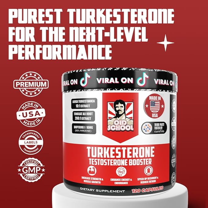Old School Labs Testosterone Supplement for Men – Turkesterone 1500mg Max Potency + Tongkat Ali & BioPerine® – Muscle Growth, Recovery, Drive & Stamina – 120 Caps, 40 Servings