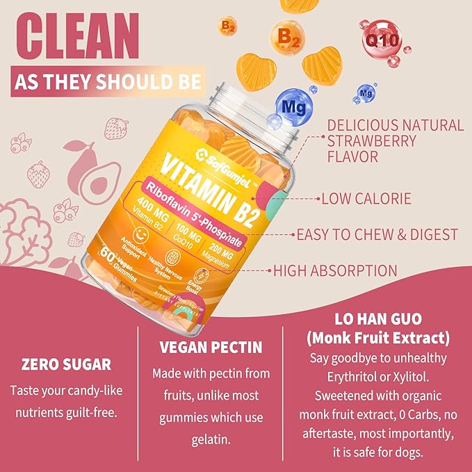 Vitamin B2 Gummies | Riboflavin 400mg for Adults and Kids | with Magnesium & CoQ10 for Energy & Migraine Relief | Sugar Free B2 Vitamin VIT B | Non GMO, Vegan, 120 Count