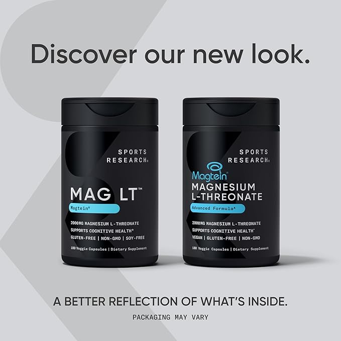 Sports Research® Magnesium L-Threonate Capsules 2000mg - High-Absorption Magtein® for Enhanced Brain Health, Memory, Focus & Restful Sleep Support - Vegan · Non-GMO · Gluten Free - 90 Count