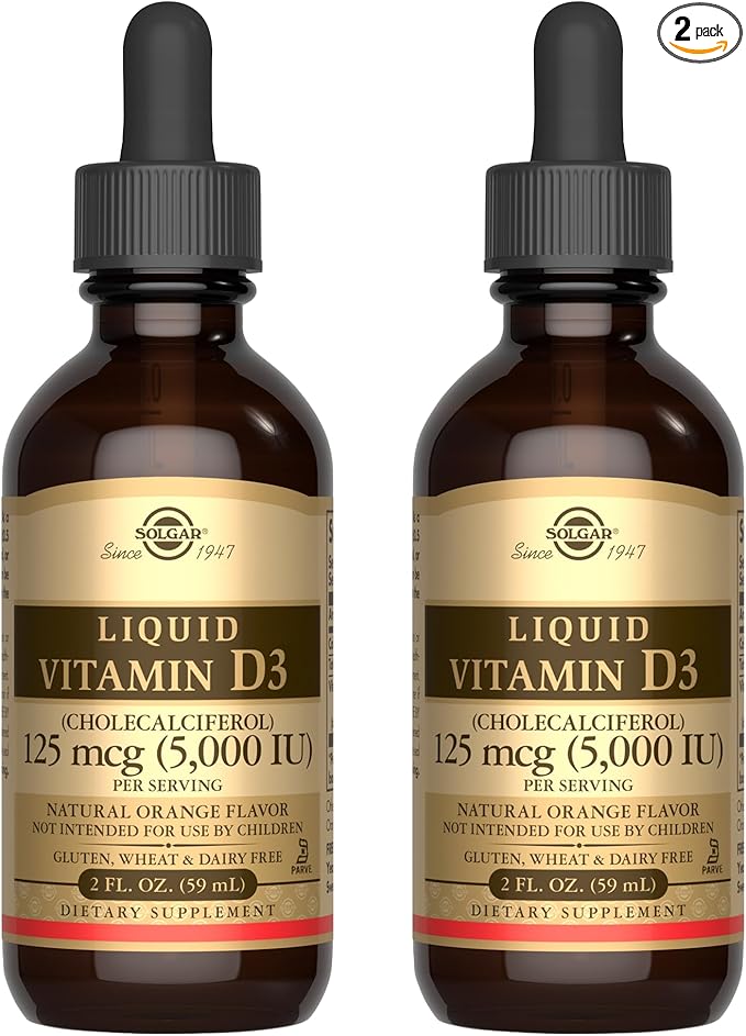 Solgar Liquid Vitamin D3 125 mcg (5,000 IU) - 2 fl oz, Pack of 2 - Natural Orange Flavor - Helps Maintain Healthy Bones & Teeth - Immune System Support - Gluten & Dairy Free - 118 Total Servings