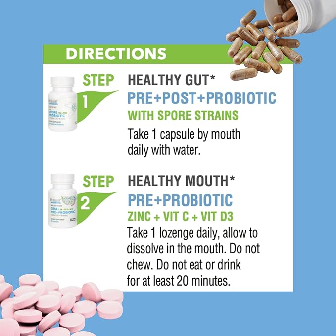 StellaLife Probiotics Oral & Gut Prebiotics Post Probiotics Kit: 44.5B CFU, 11 Oral & 6 Gut Spore strains for Digestive & Dental Health, Bad Breath Treatment, Tongue Hygiene, Strawberry Flavor, 30-day