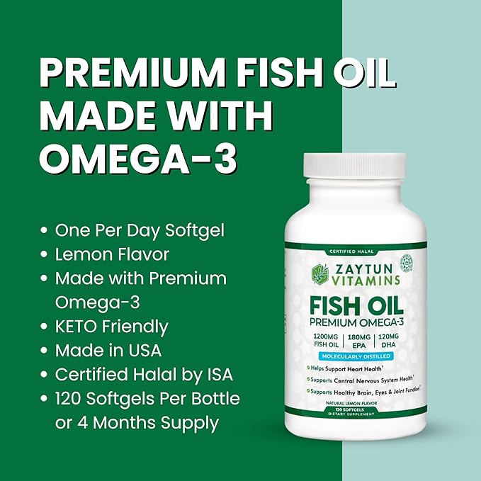 Zaytun Halal Fish Oil 1200mg Omega-3, Premium EPA/DHA, One Per Day, Daily Wellness Support, 4 Months Supply, Lemon Flavor, Keto Friendly, Gluten Free