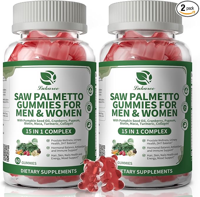Lukaree Saw Palmetto for Men & Women, 15 in 1 Saw Palmetto Extract Gummies with Pumpkin Seed Oil, Prostate Health Supplements for Men, Advanced DHT Blocker, Hair & Urinary Health Support, 2 Pack