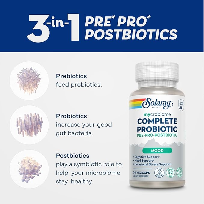 SOLARAY Mycrobiome Complete Probiotic Mood Formula - Pre and Probiotics for Women and Men Plus Postbiotic - 50 Billion CFU, 28 Strains - Vegan, Clinically Studied Ingredients - 30 Servings, 30 VegCaps