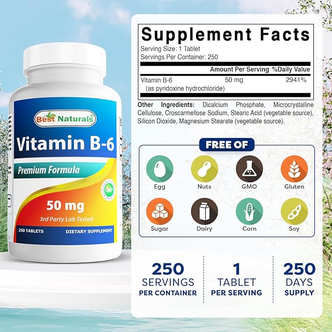 Best Naturals Vitamin B6 50 mg 250 Tablets