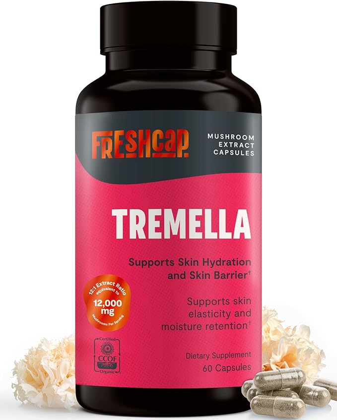 Tremella Mushroom Capsules 12,000 mg – Organic Snow Mushroom for Hair, Skin, and Nails Hydration, Radiance, & Elasticity – Functional Mushroom Supplement, Extract 12:1, 40% Beta Glucans (60 Capsules)