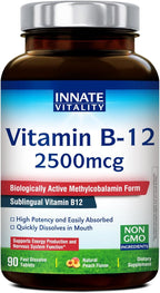 Innate Vitality Vitamin B12 2500mcg, Sublingual Methylcobalamin, Extra Strength for Energy Metabolism, Mental Clarity, Nervous System Health, Peach Flavor, Zero Sugar, 90 Fast Dissolve Tablets