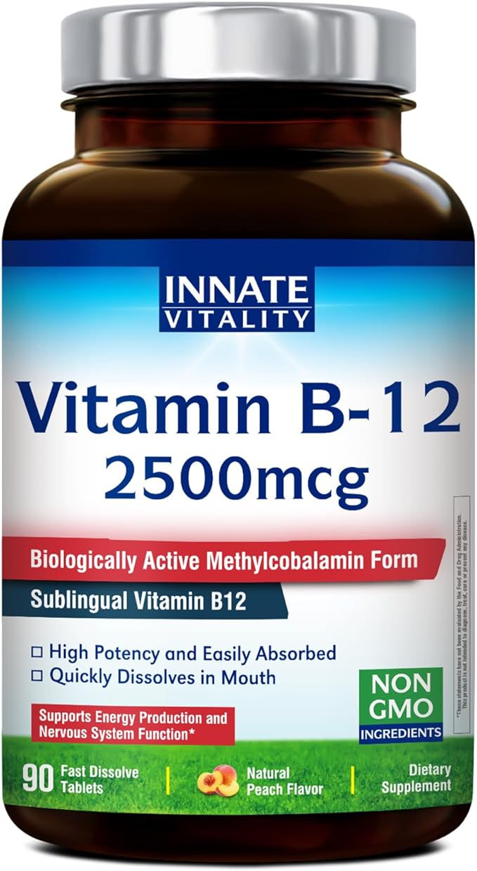 Innate Vitality Vitamin B12 2500mcg, Sublingual Methylcobalamin, Extra Strength for Energy Metabolism, Mental Clarity, Nervous System Health, Peach Flavor, Zero Sugar, 90 Fast Dissolve Tablets