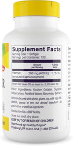 Healthy Origins Sunflower Vitamin E-400 IU (Non-GMO, Gluten Free, Soy Free, Hair Support, Nail Support, Skin Support, Cardiovascular Support), 120 Softgels