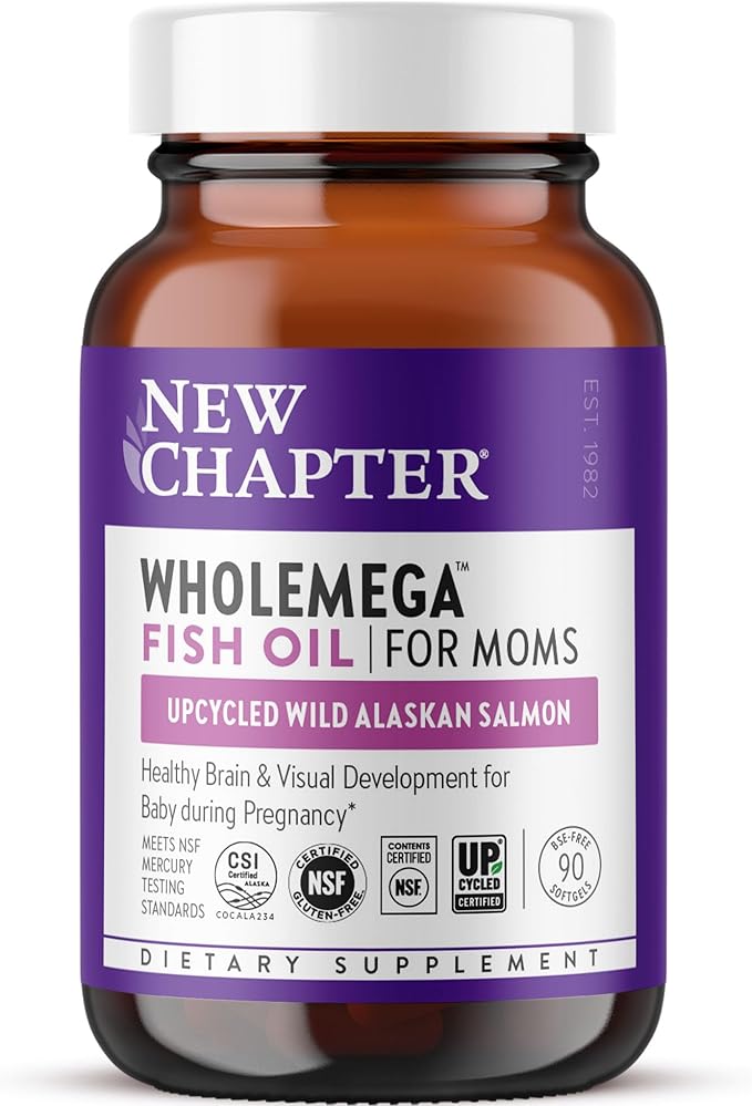 New Chapter Wholemega for Moms Fish Oil Supplement, Tiny Capsules, 2000mg per Serving, Prenatal DHA with Omega-3 + Vitamin D3 for Prenatal & Postnatal Support, 500mg Each - 90 Count
