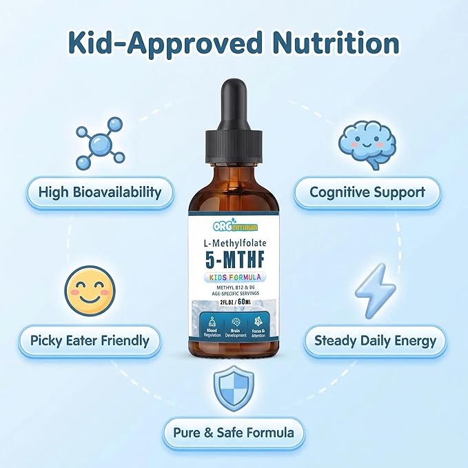 Kids L-Methylfolate B12 Drops 5-MTHF, Active Methylated B9 & B12 Supplement for Children, Supports Cognitive Brain Focus, Mood & Energy - Bioavailable Liquid Formula - Natural Flavor