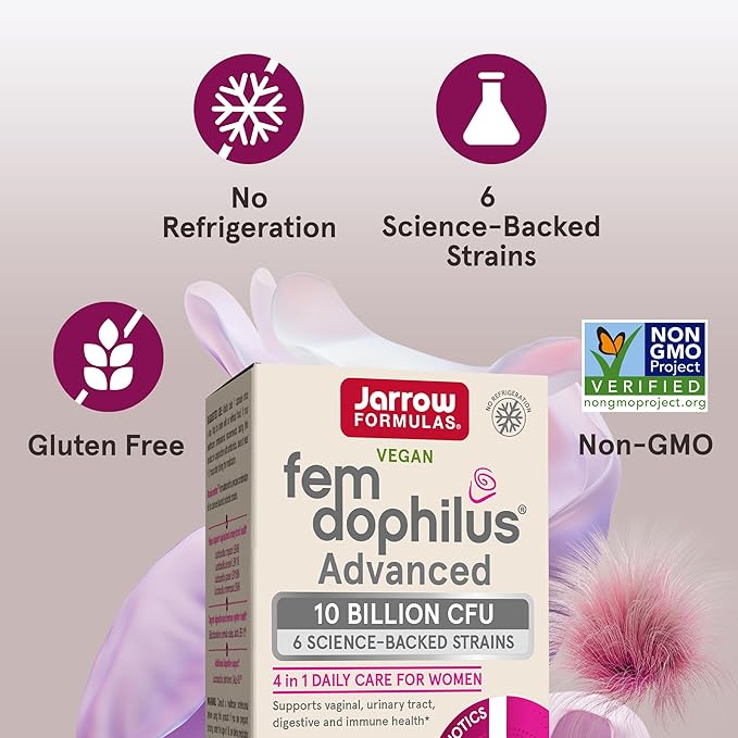 Jarrow Formulas Fem-Dophilus Advanced Vaginal & Digestive Probiotics 10 Billion CFU with 6 Science Backed Strains, for Vaginal, Urinary Tract, Digestive & Immune Support, 30 Capsules, Shelf-Stable