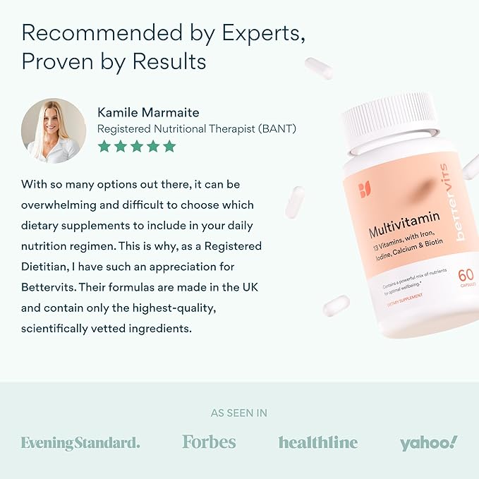 Bettervits Multivitamin for Women & Men | Womens Daily Multivitamin with 13 Essential Vitamins Iron, Iodine, Calcium and Biotin | Vitamins A, K2, D3, C, B1, B2, B3, B5, B6, B7, B9, B12 | 60 Capsules