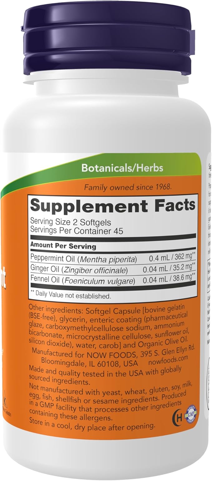 NOW Foods Supplements, Peppermint Gels with Ginger & Fennel Oils, Enteric Coated, Digestive Support*, 90 Softgels, (Pack of 2)
