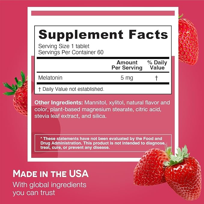 EZ Melts Melatonin - Sleep Support Supplement - No Artificial Flavors - Non-GMO & Sugar-Free - Strawberry - 60 Dissolvable Tablets (60 Servings)