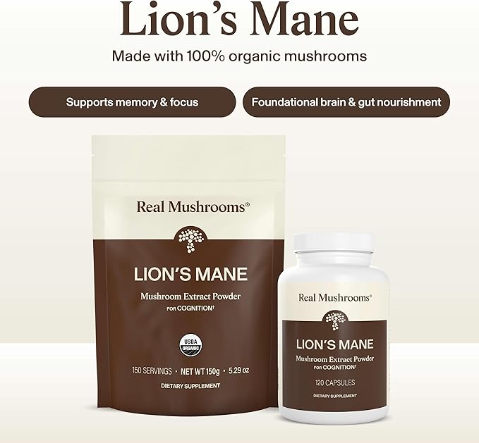 Real Mushrooms Lion’s Mane Supplement Powder - Organic Lions Mane Extract - Functional Mushrooms with Verified Beta Glucans – Functional Blend – Non-GMO, Vegan with 150 Servings