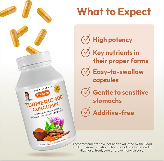 ANDREW LESSMAN Turmeric 400mg - 240 Capsules - 95% Curcuminoids as Phospholipid Complex for Optimum Benefits and Absorption, High Potency Standardized Extract, Small Easy to Swallow Capsules