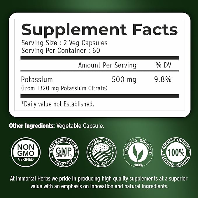 Potassium Citrate Supplement 1320mg, High Absorption Powder, 120 Vegan Capsules, Non-GMO & Gluten-Free Potassium Supplements for Women and Men